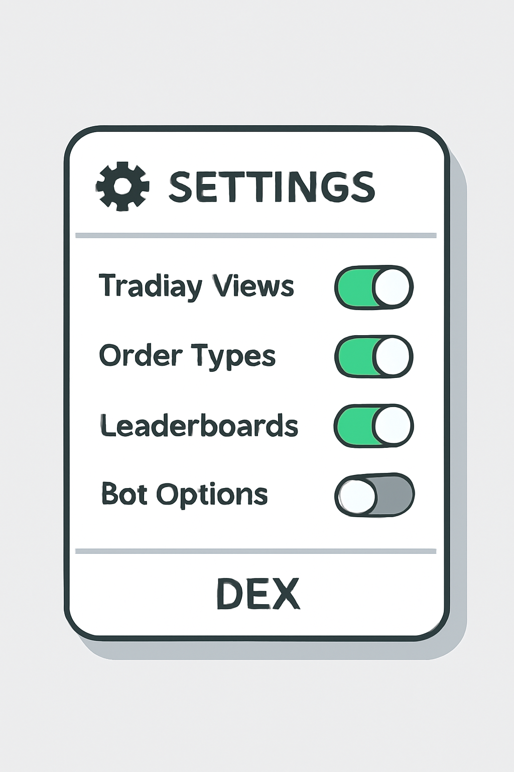 A settings page with toggles for trading views, order types, leaderboards, and bot options, all in a DEX UI