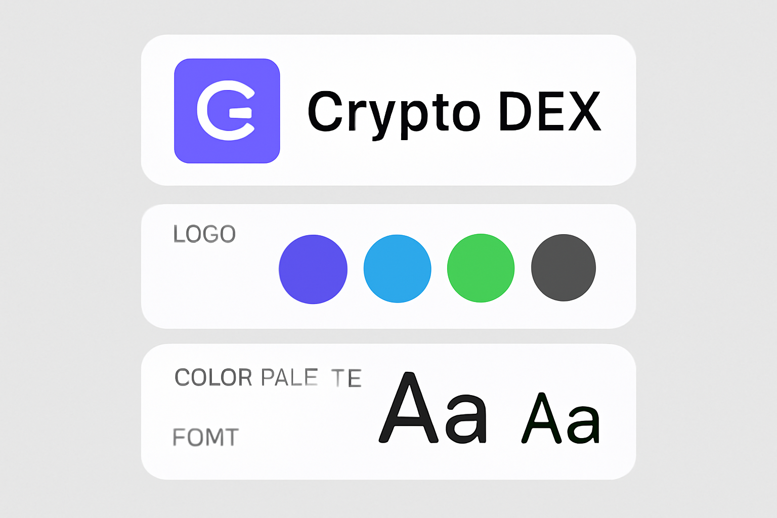 A user interface design screen showing logo, color palette, and font selection for a crypto DEX.