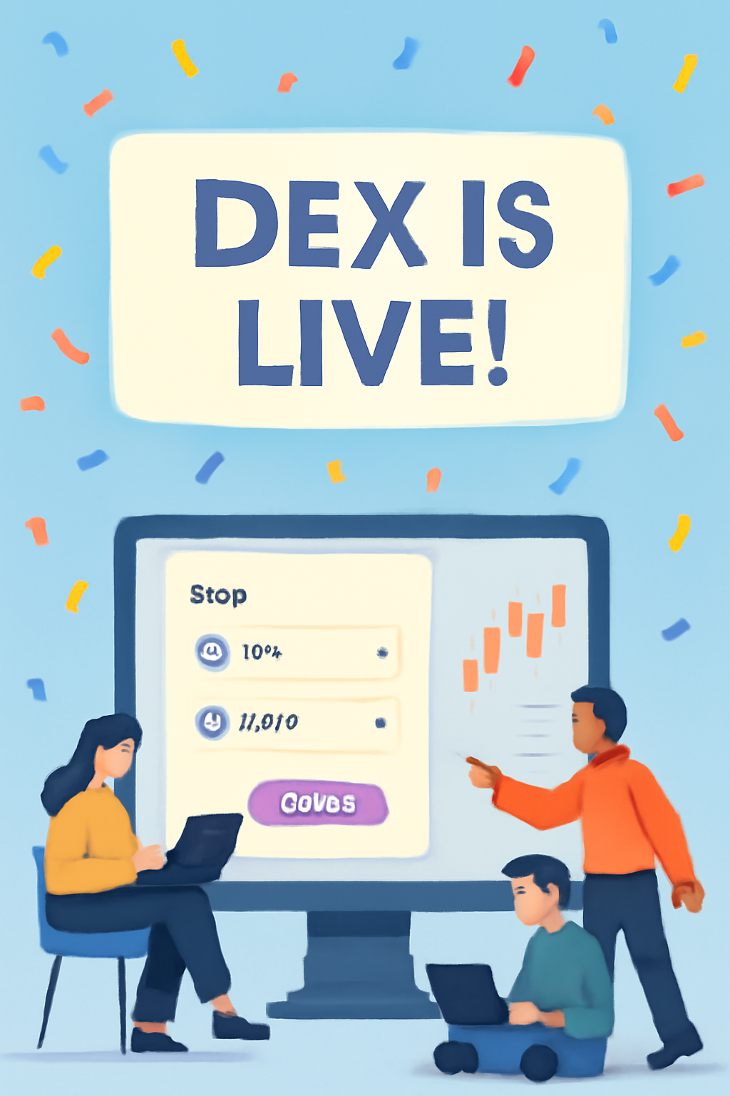 A celebratory launch screen with a 'DEX is Live!' banner, confetti, and users trading on the platform.