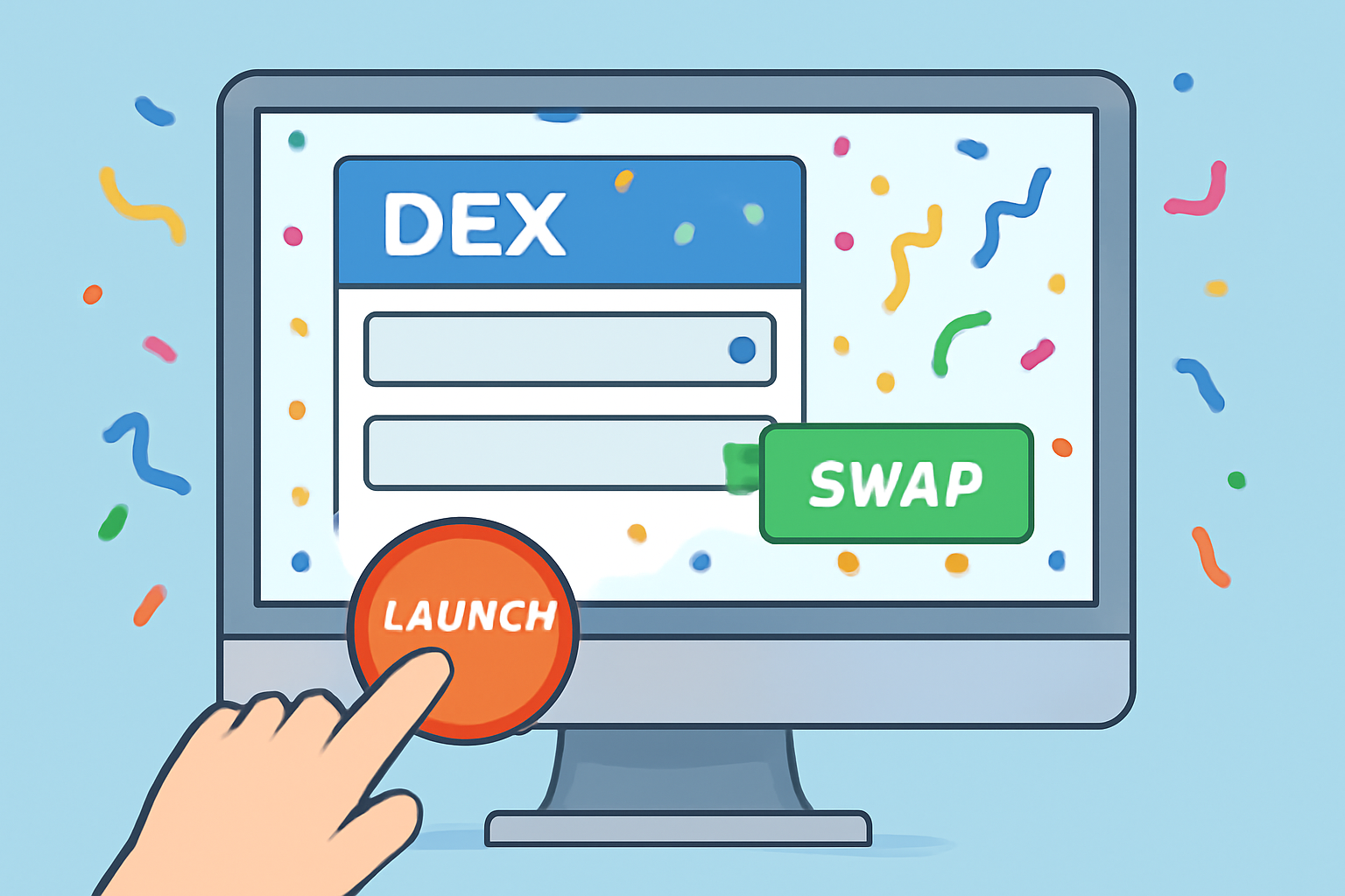 A launch button being pressed on a computer screen, with a DEX interface going live and celebratory confetti