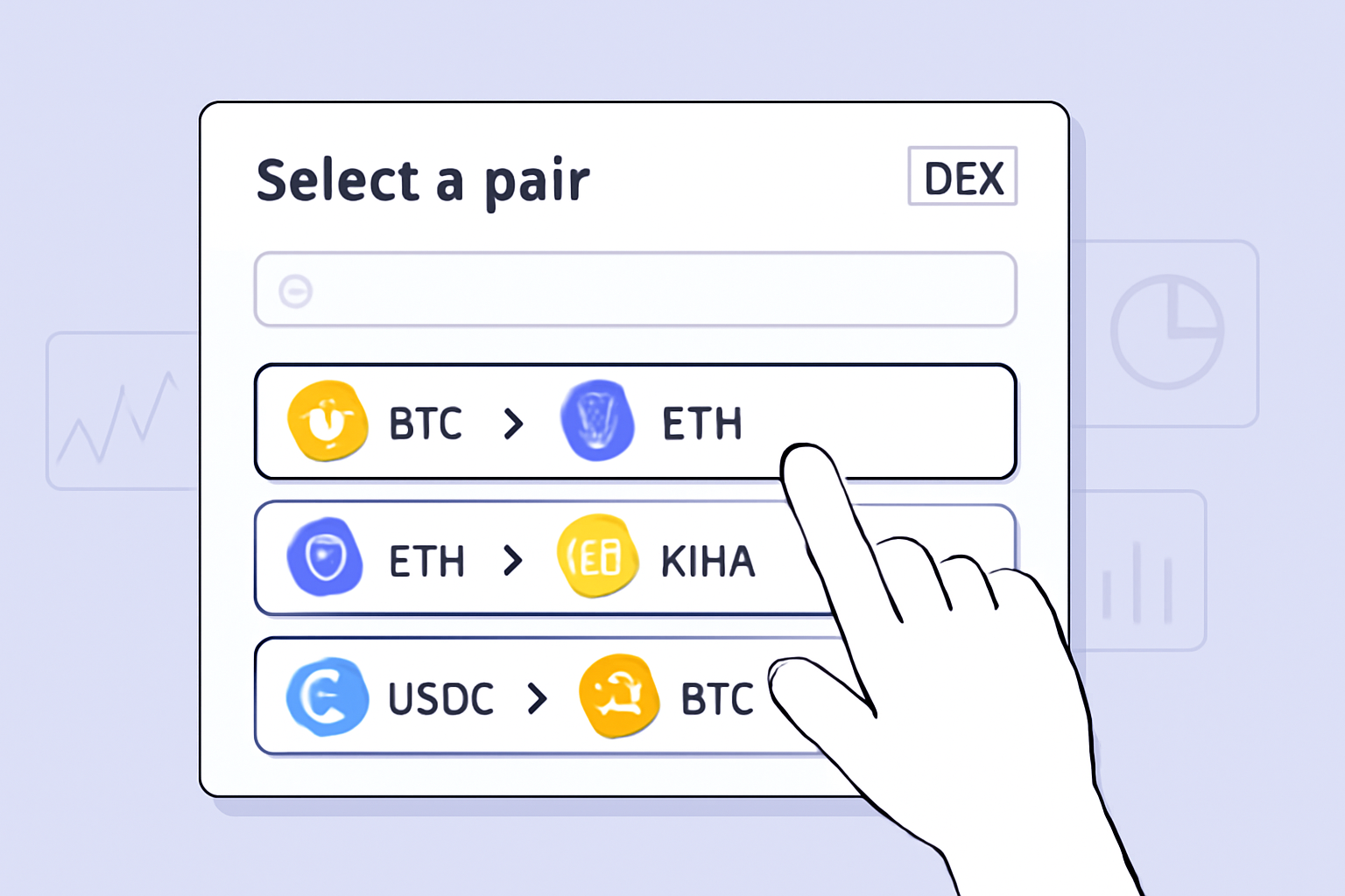 A dashboard with various crypto and RWA trading pairs being selected for a DEX platform.