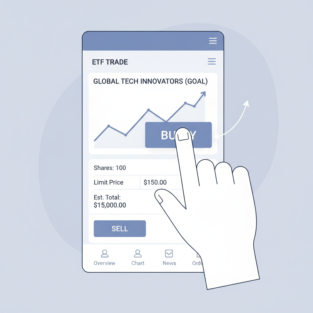 hand clicking buy on ETF trade screen in brokerage app, professional interface