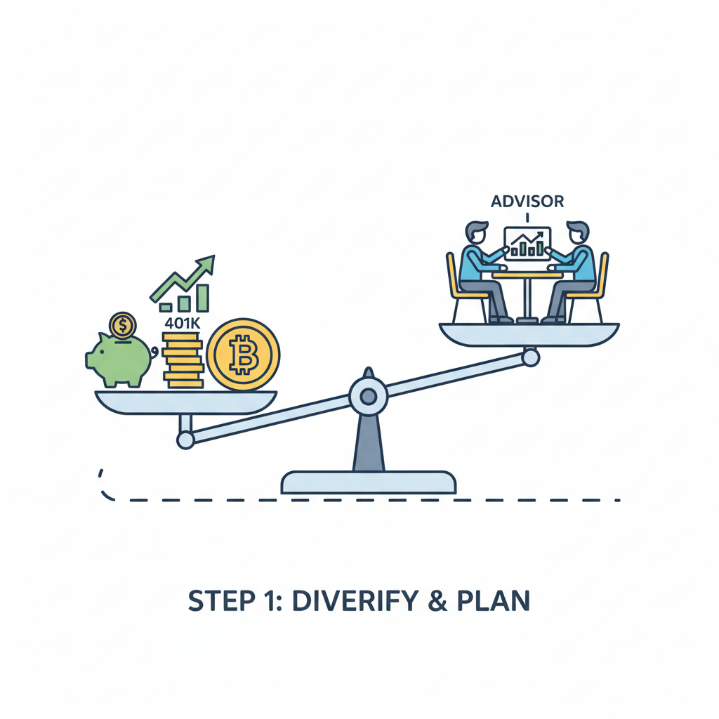 balanced scale with 401k icons, crypto coin, and advisor consultation
