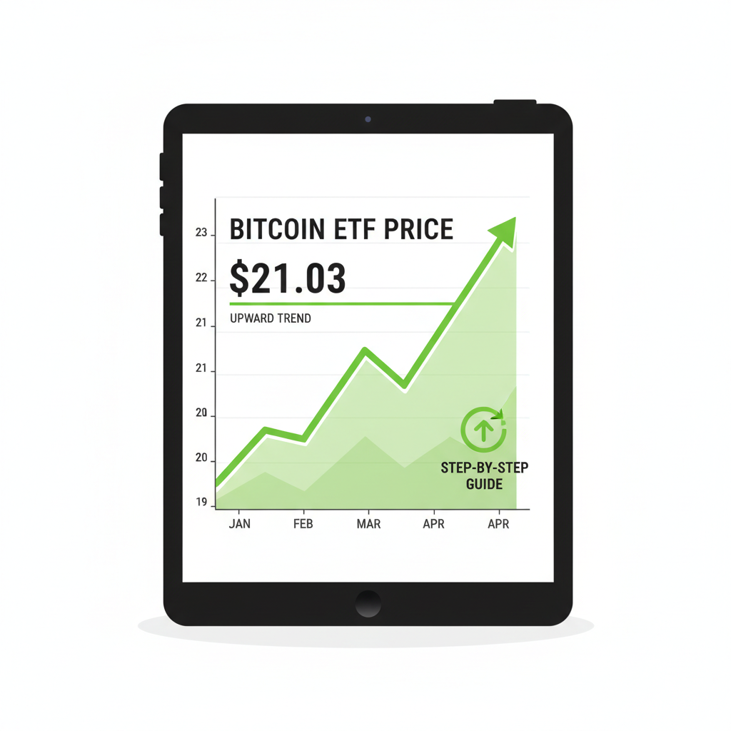 chart of Bitcoin ETF price at $21.03 with upward trend, financial graphs, green accents