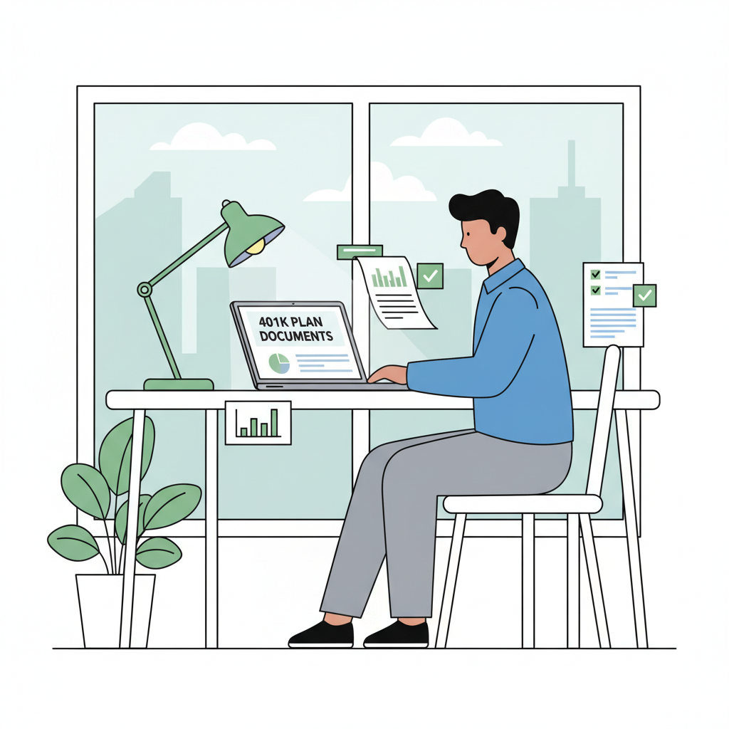 professional at desk reviewing 401k plan documents on laptop, modern office, calm lighting