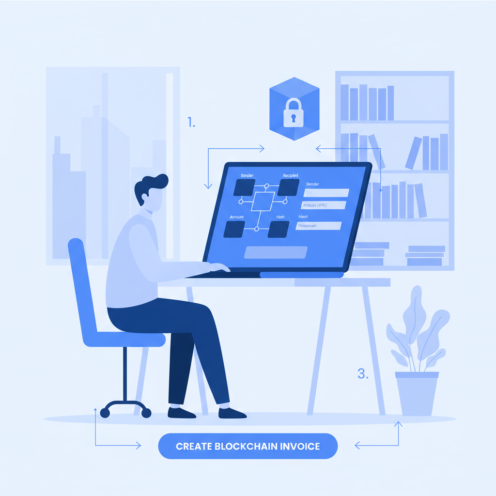 professional creating blockchain invoice on laptop, modern office, blue tones