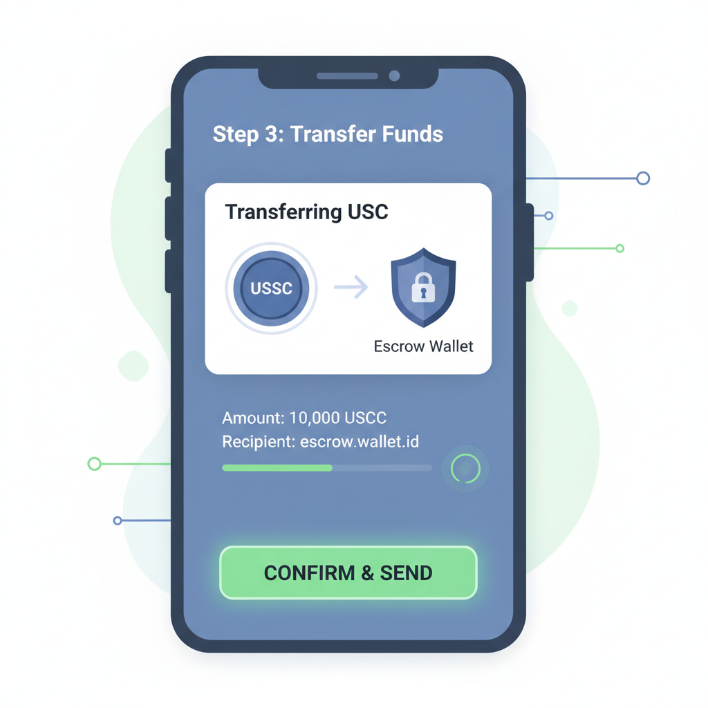 buyer transferring USDC to escrow wallet on mobile app, secure digital interface