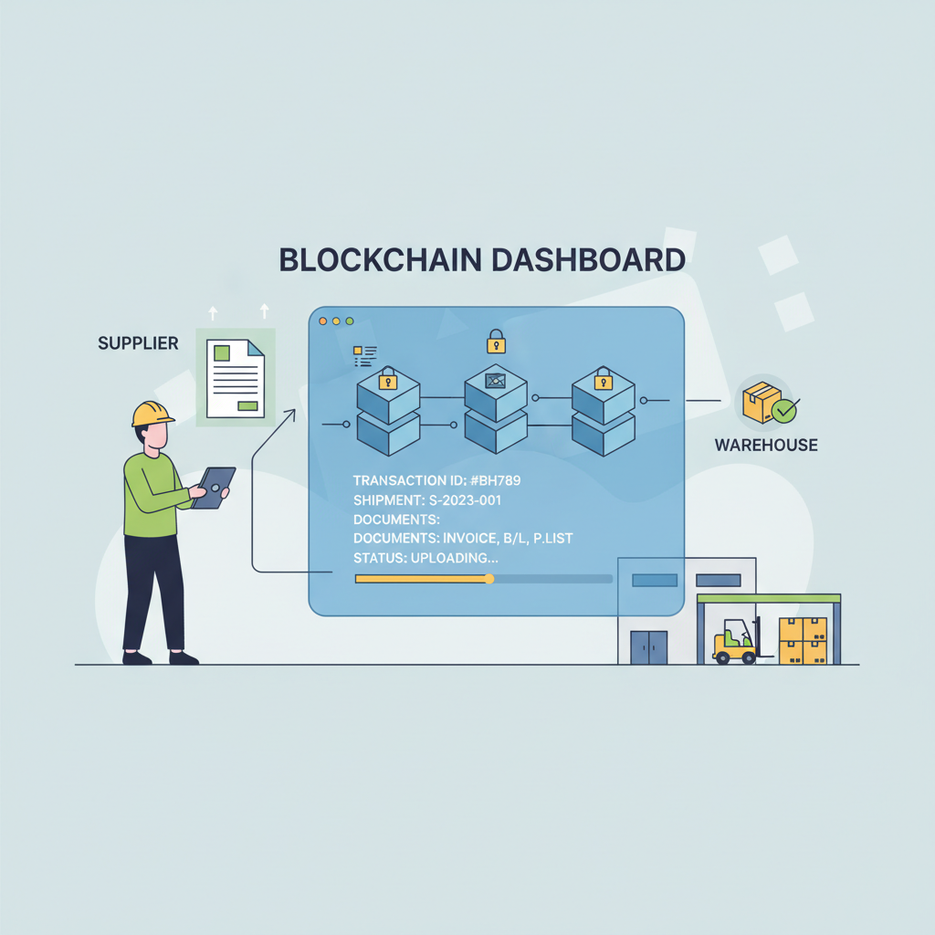 supplier uploading shipping documents to blockchain dashboard, warehouse background