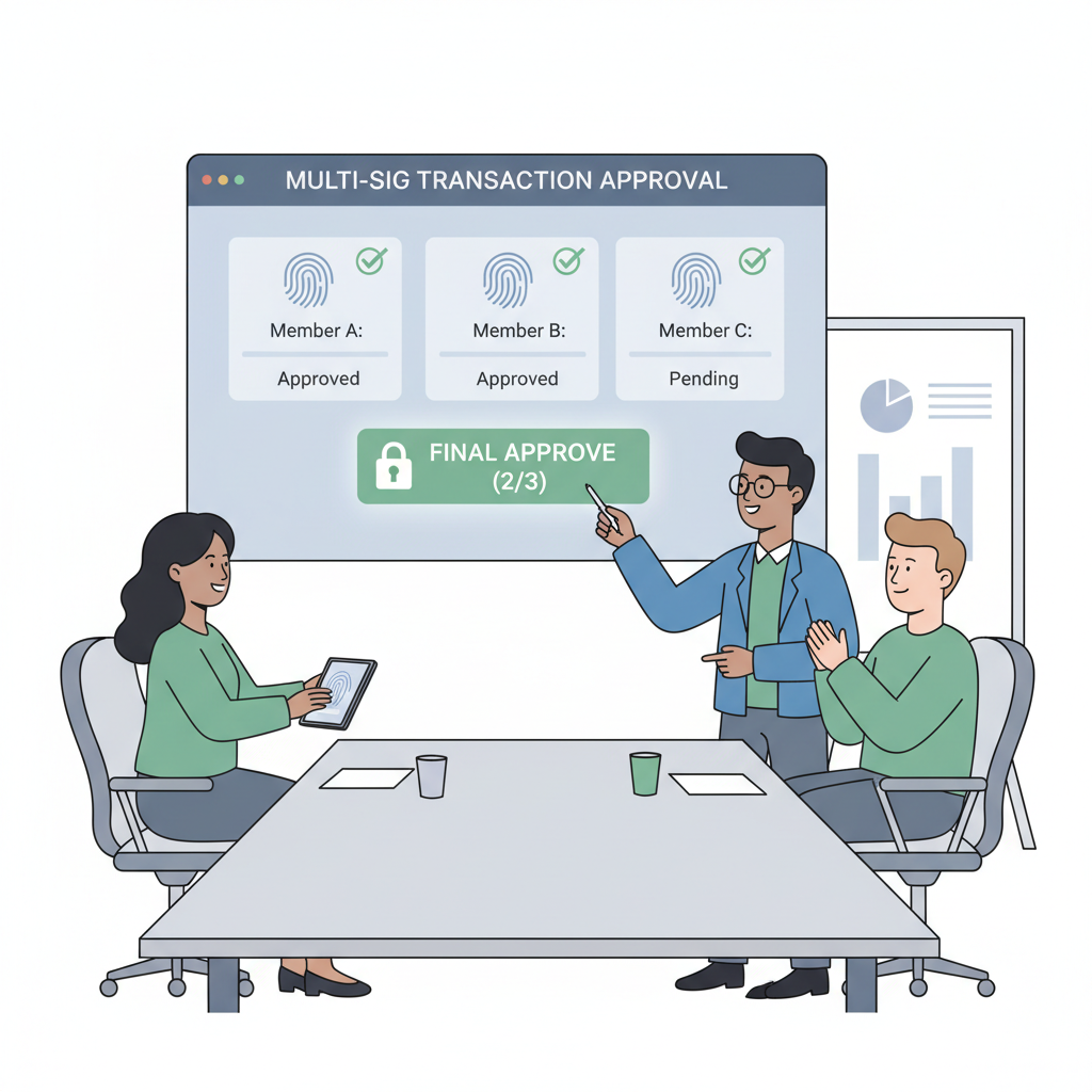 team approving multi-sig transaction on shared screen, professional meeting