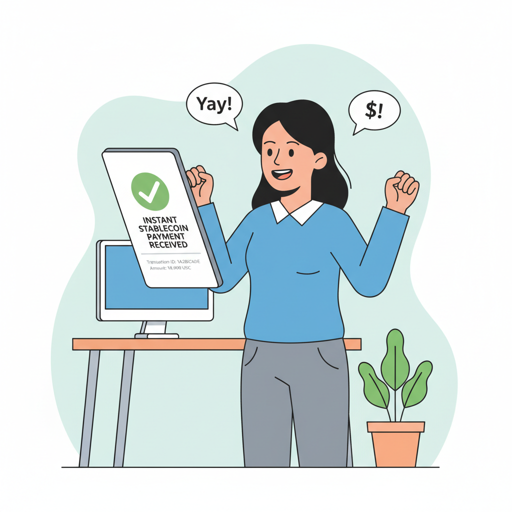 supplier receiving instant stablecoin payment notification, happy in office