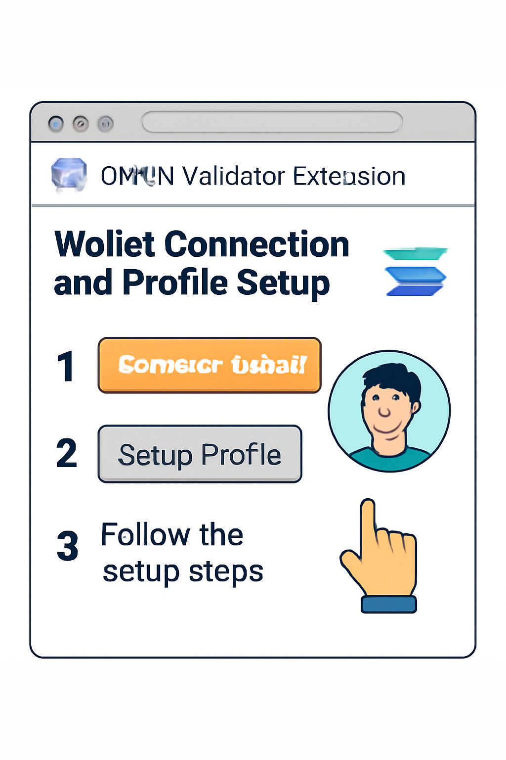 A browser window with the DAWN Validator Extension open, showing wallet connection and profile setup, Solana logo visible, user following setup steps.
