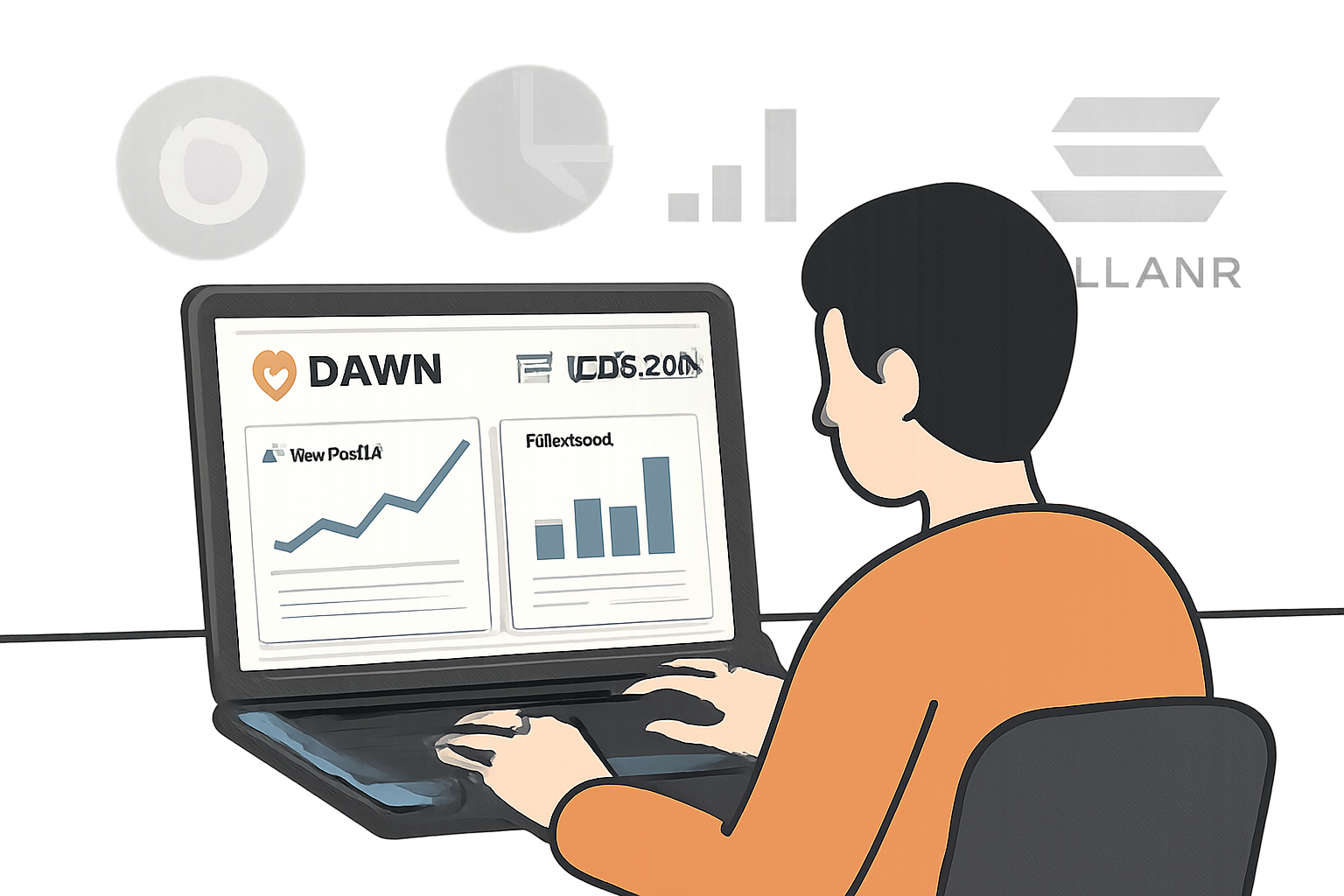 A user viewing the DAWN dashboard on a laptop, charts showing bandwidth and rewards, DAWN and Solana logos, analytical atmosphere.