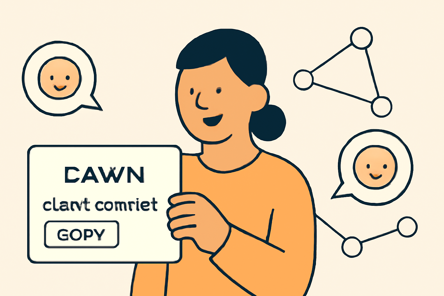A user sharing a DAWN referral link with friends via chat or email, happy faces, network nodes connecting, community vibe.