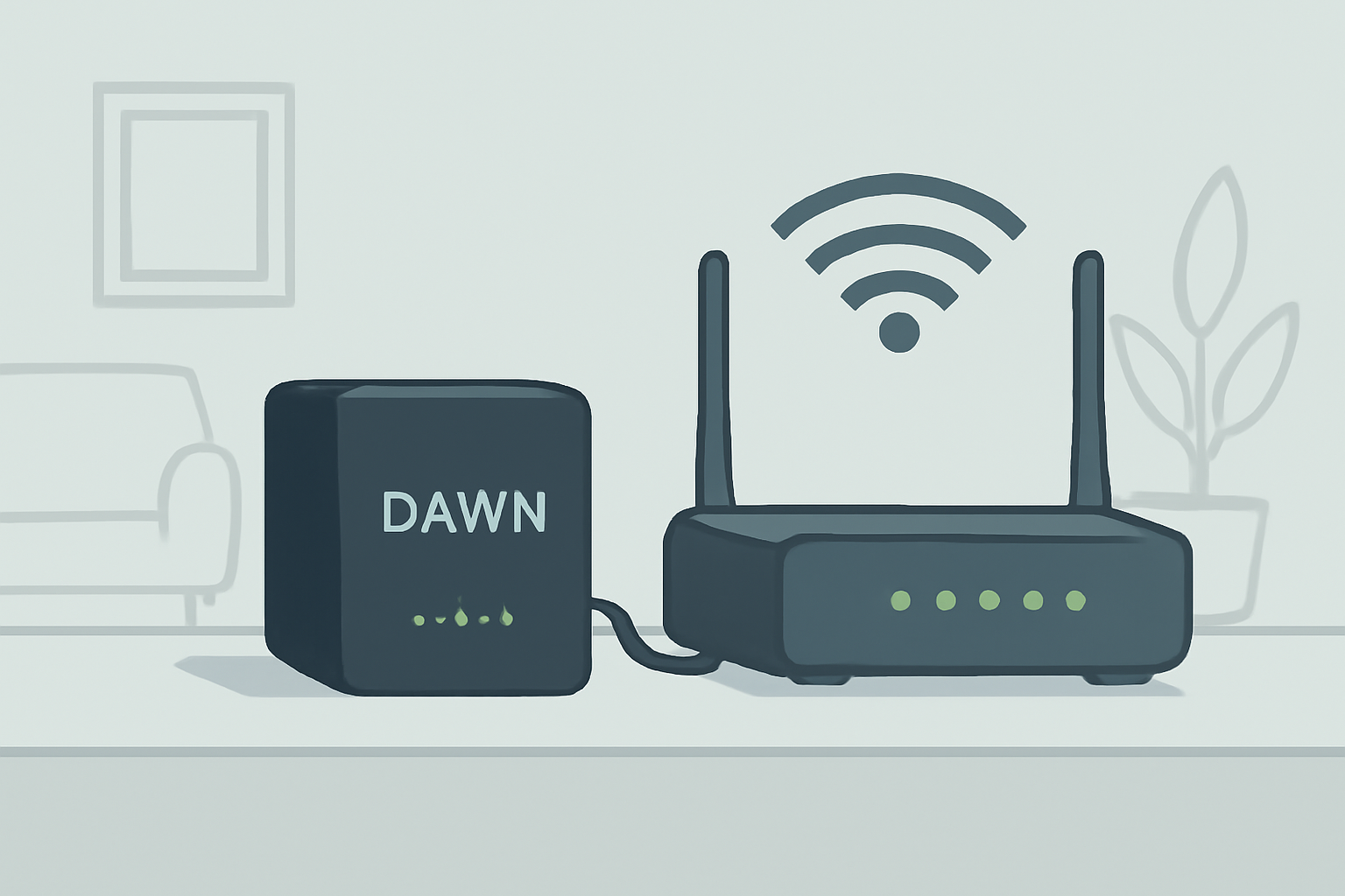 A sleek DAWN Black Box Node connected to a home router, glowing indicator lights, WiFi signals radiating, modern home setting.