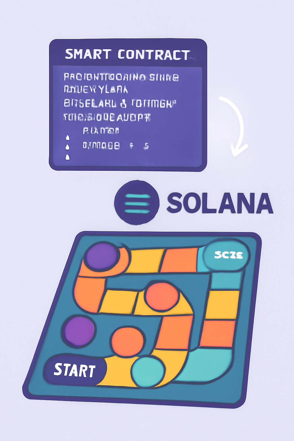 A digital game board with smart contract code floating above it, connected to the Solana chain.