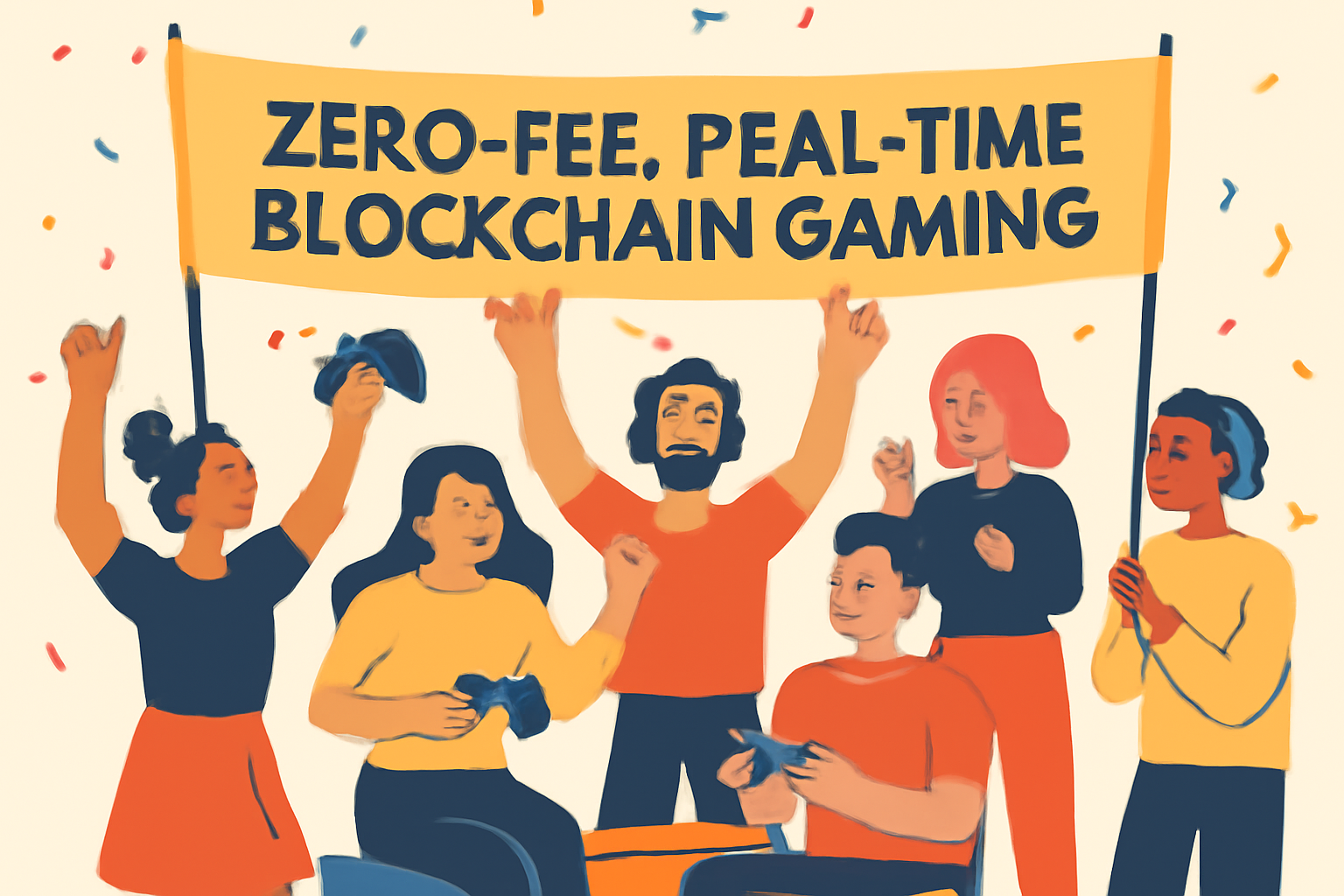 A vibrant gaming community celebrating around a banner that reads 'Zero-Fee, Real-Time Blockchain Gaming'.