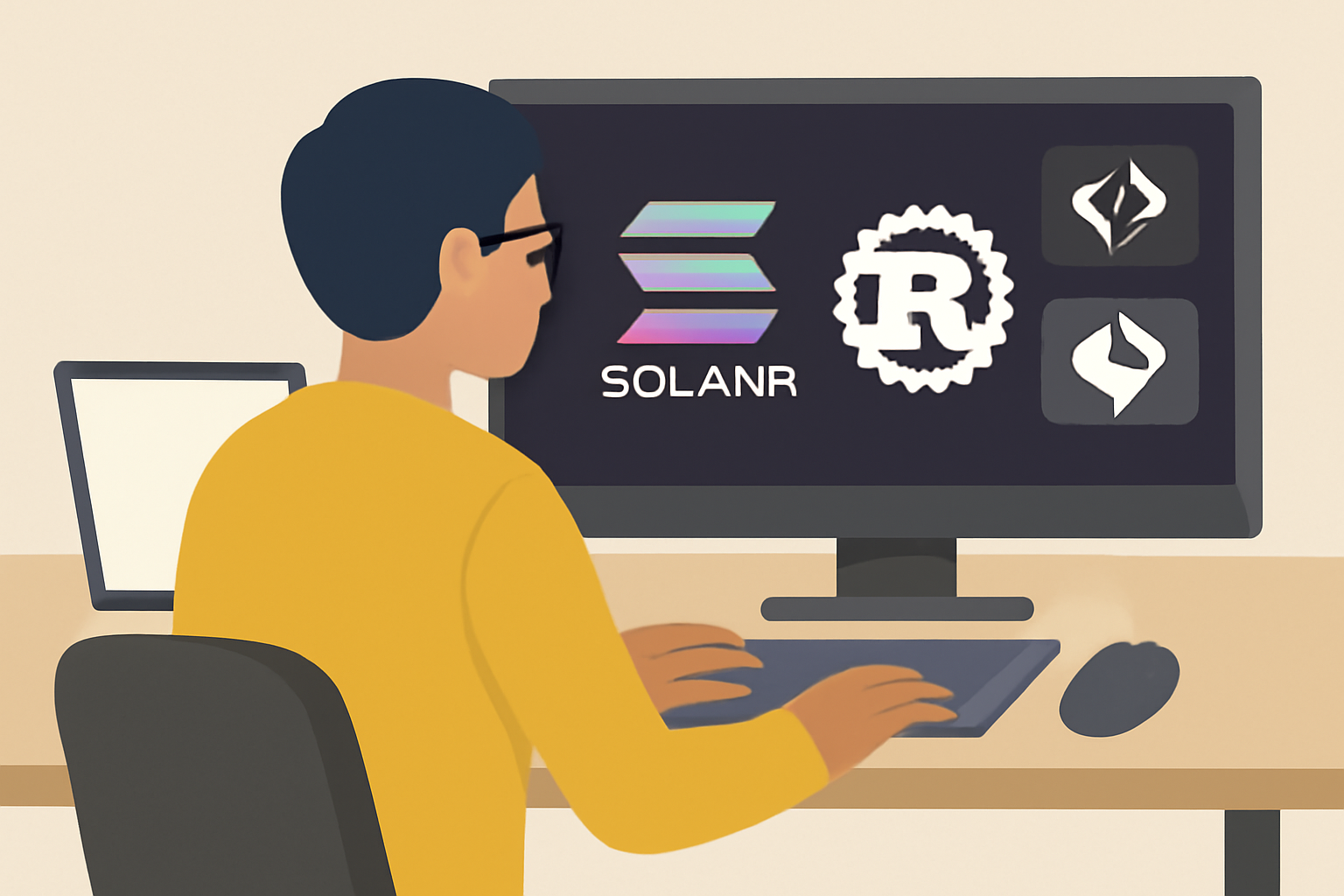 A developer at a computer with Solana and Rust logos on the screen, setting up coding tools.