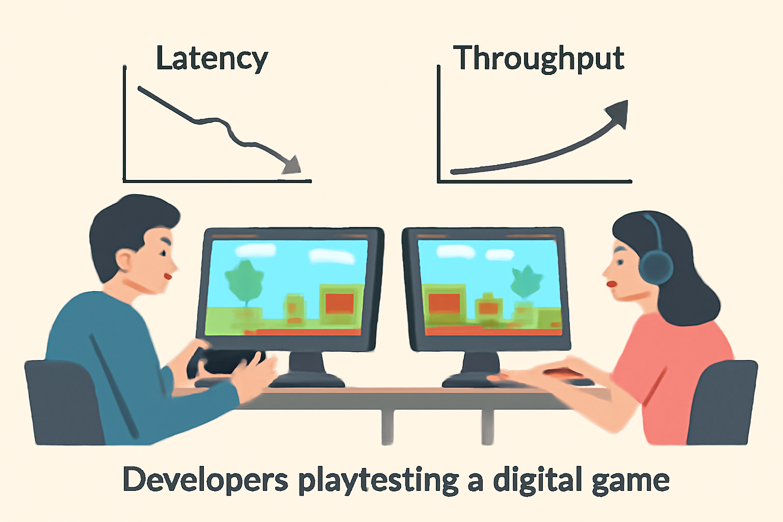 Developers playtesting a digital game with graphs showing low latency and high throughput.