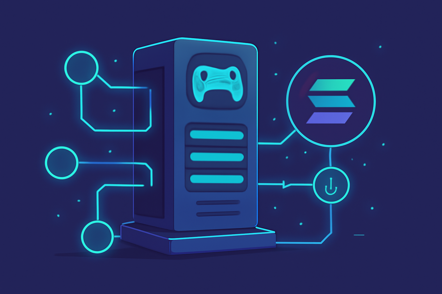 A futuristic game server with glowing connections to the Solana blockchain, symbolizing speed and security.