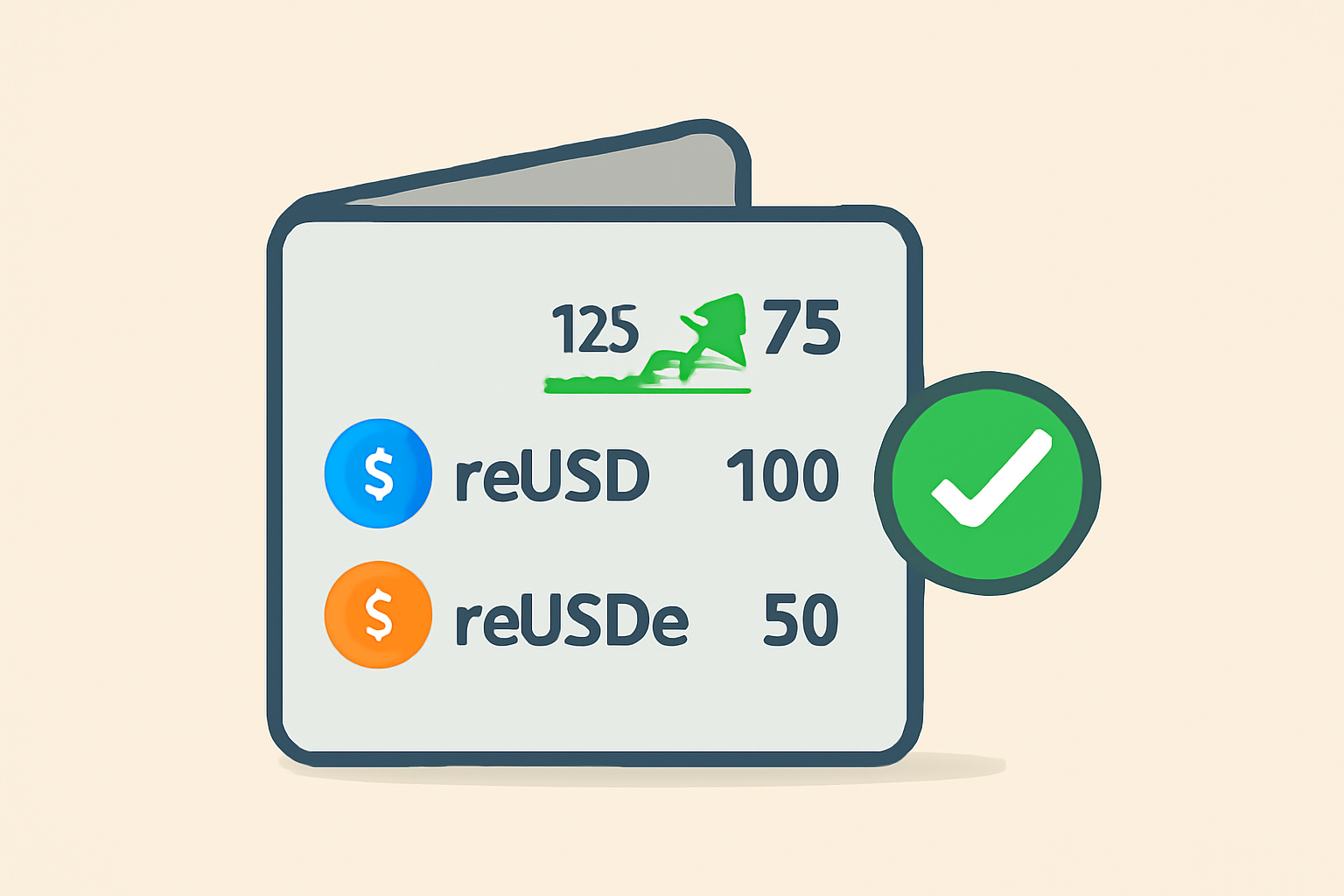 Wallet showing reUSD and reUSDe tokens received, balance update animation, green success checkmark