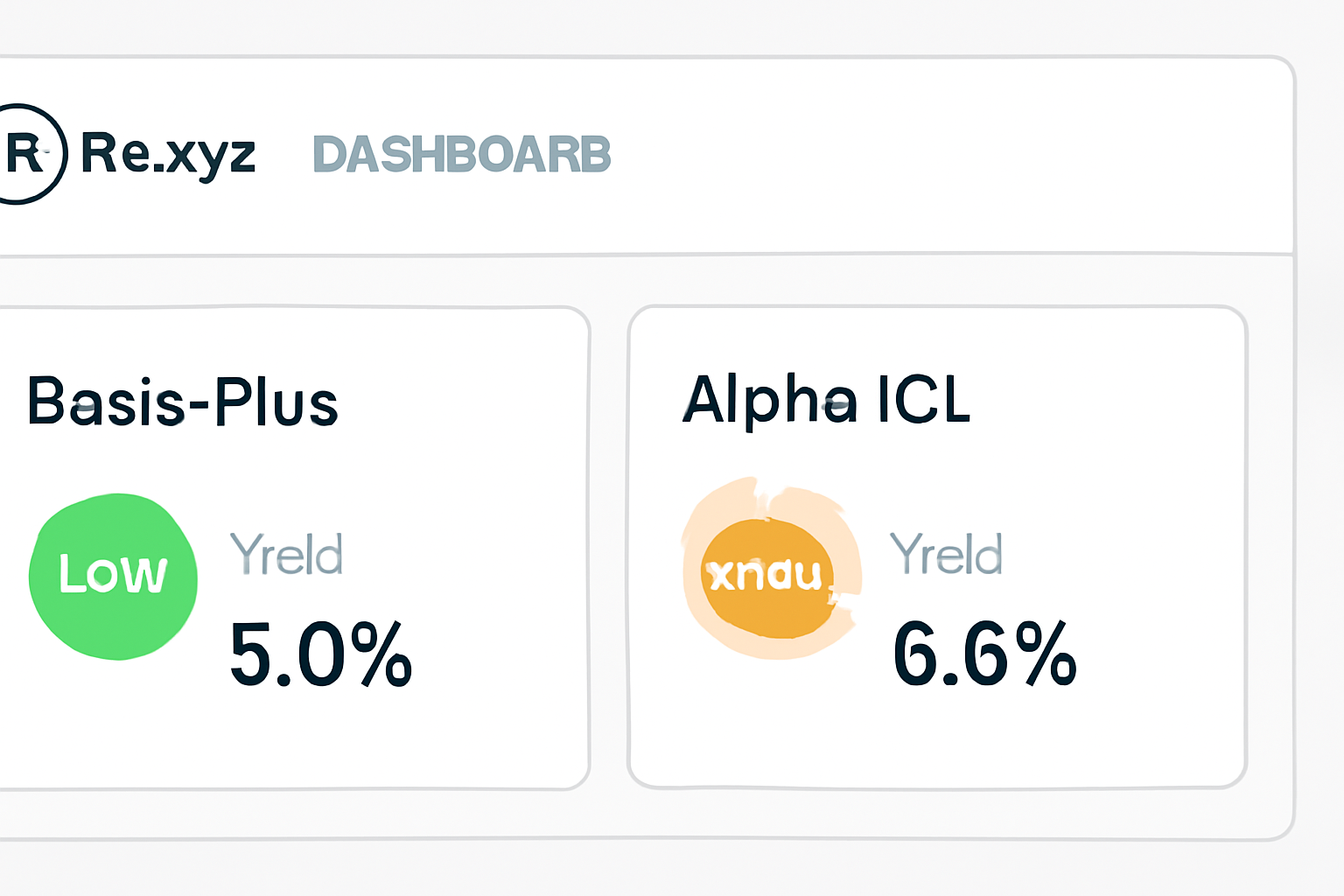 Re.xyz dashboard showing Basis-Plus and Alpha ICL cards side-by-side, risk badges, yield metrics displayed