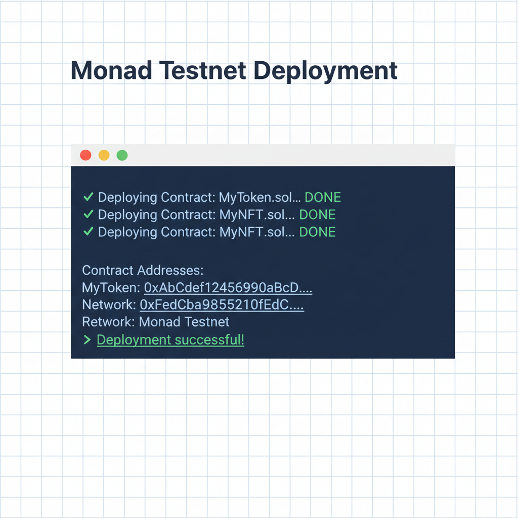 blockchain deployment script output with contract addresses on Monad testnet