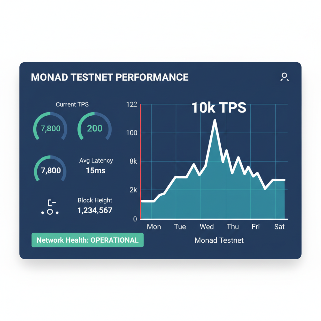 performance dashboard showing 10k TPS spikes on Monad testnet graph