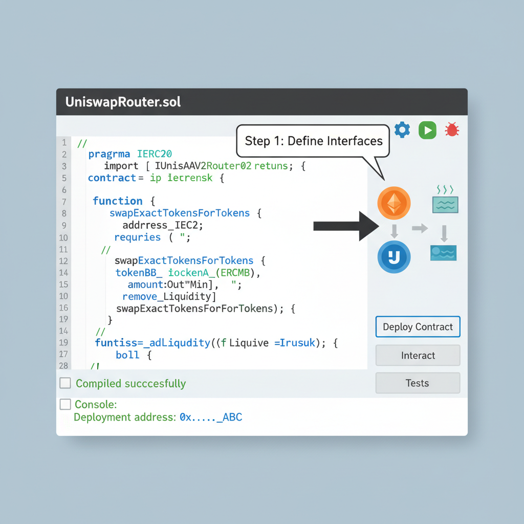 Solidity code editor displaying Uniswap-like DEX smart contract