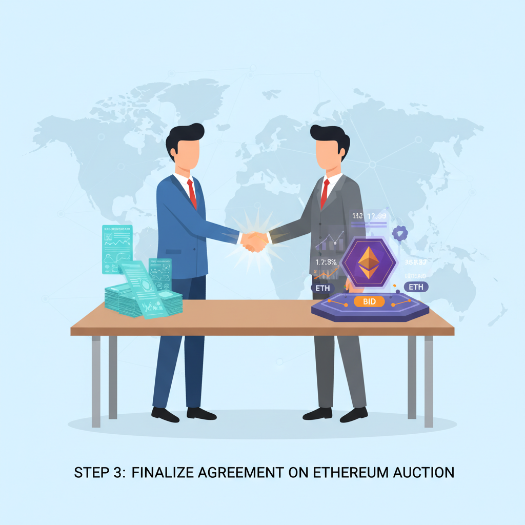 business negotiation handshake glowing contracts ethereum auction table