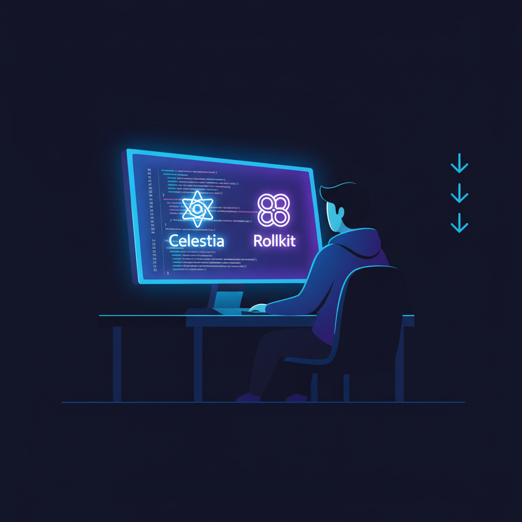 hacker editing YAML config files with Celestia and Rollkit logos, neon terminal glow