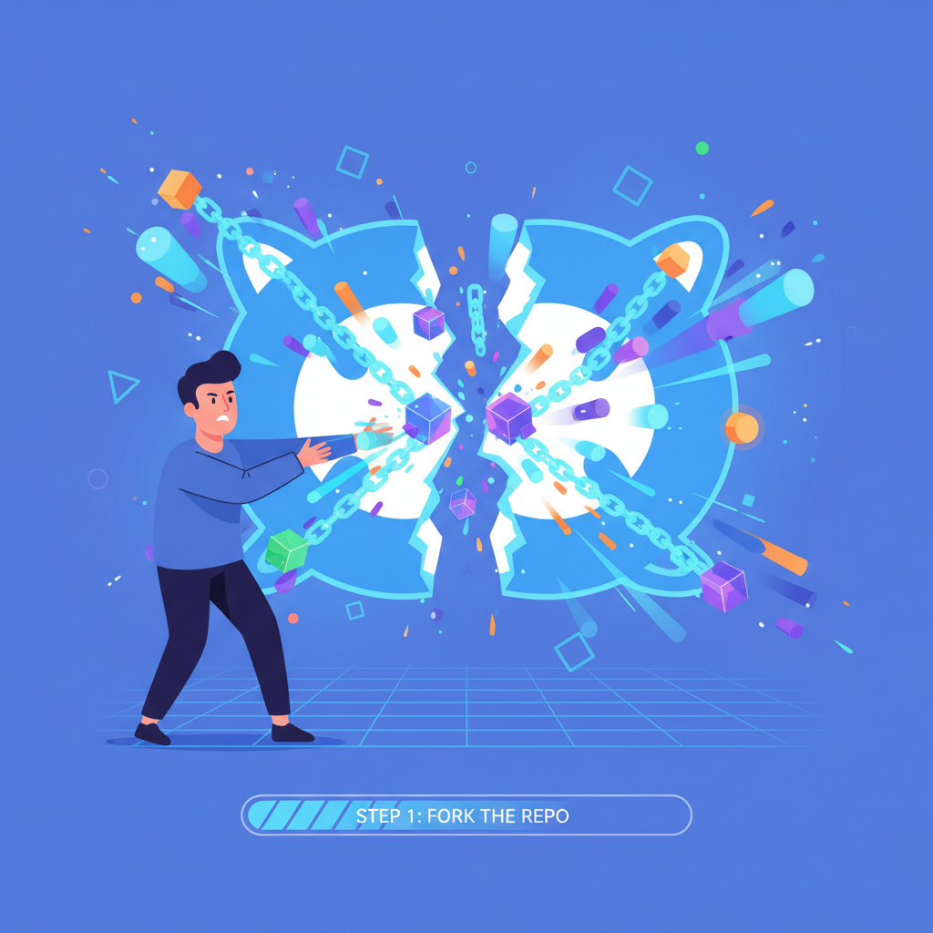 developer boldly forking GitHub repo with glowing blockchain rollup chains exploding out