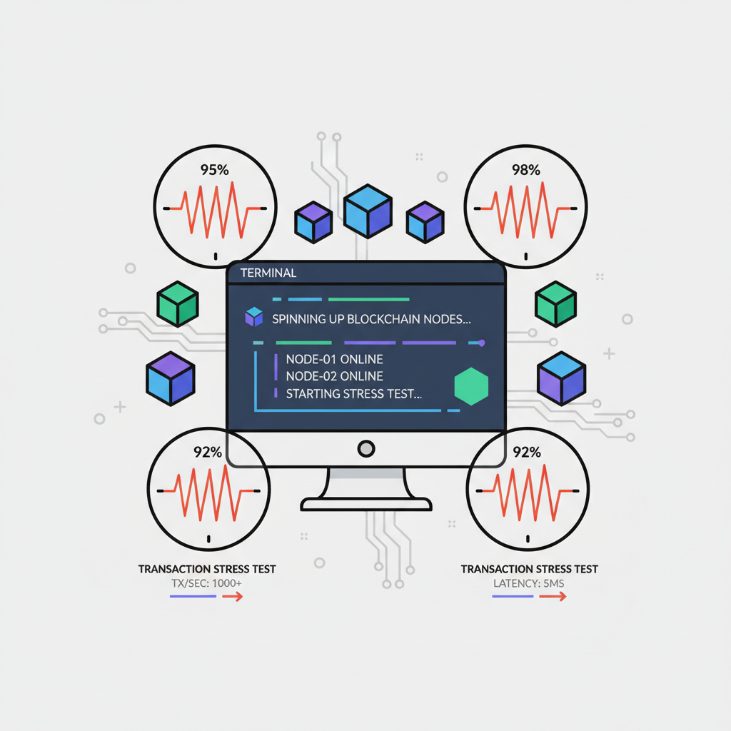 terminal spinning up blockchain nodes with transaction stress test graphs spiking