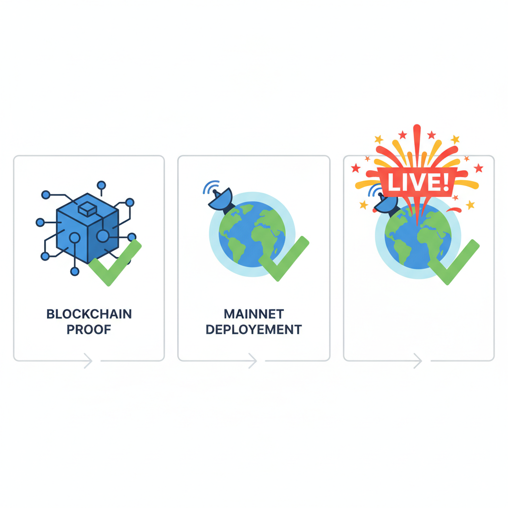 verifying blockchain proofs with checkmarks and live mainnet deployment fireworks