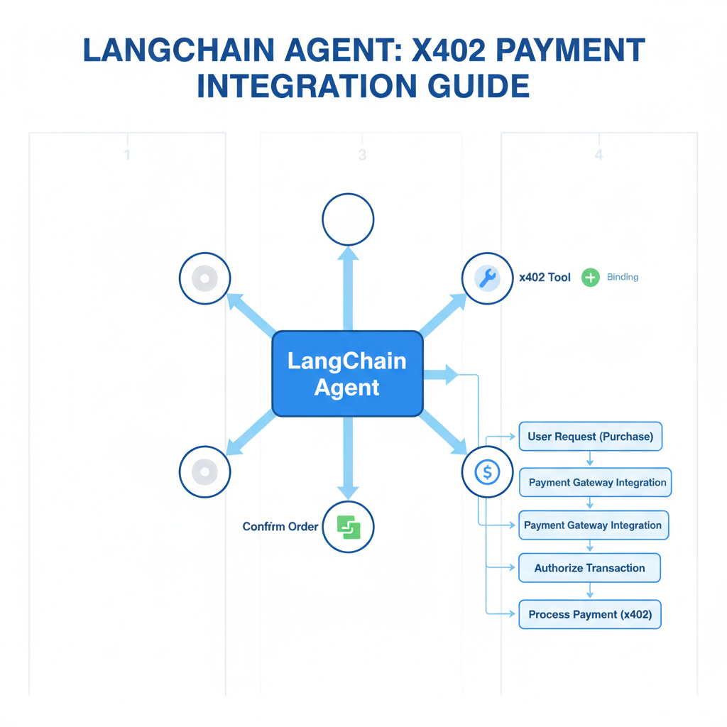 LangChain agent diagram binding x402 tool, node graph with payment flows, modern infographic