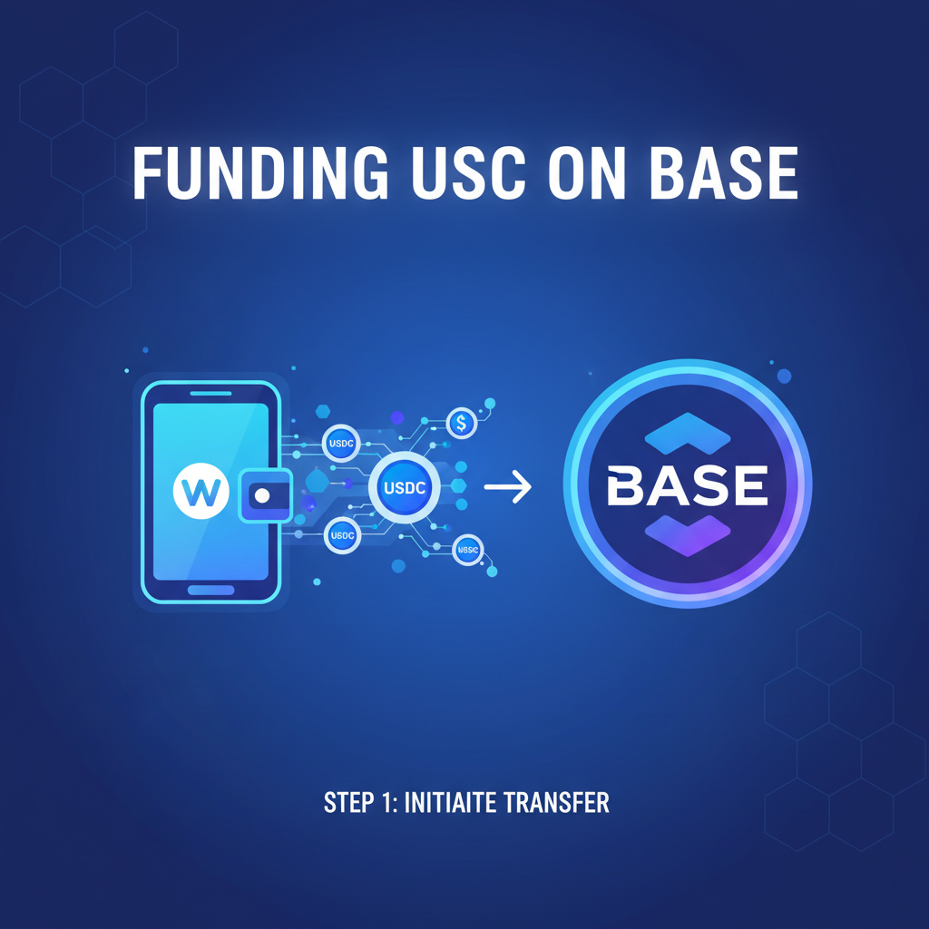 digital wallet funding USDC on Base chain, glowing blockchain transfer, vibrant crypto art