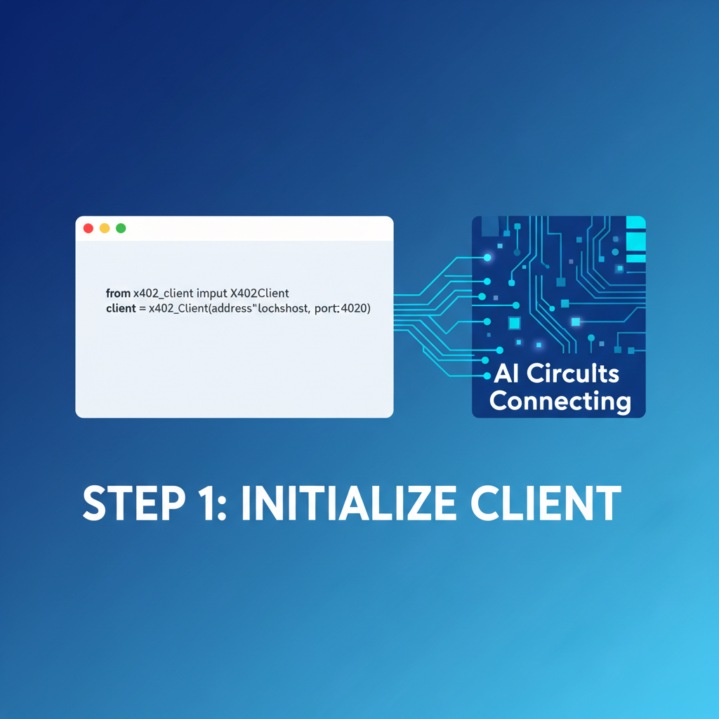 python code snippet initializing x402 client, AI circuits connecting, futuristic blue tones