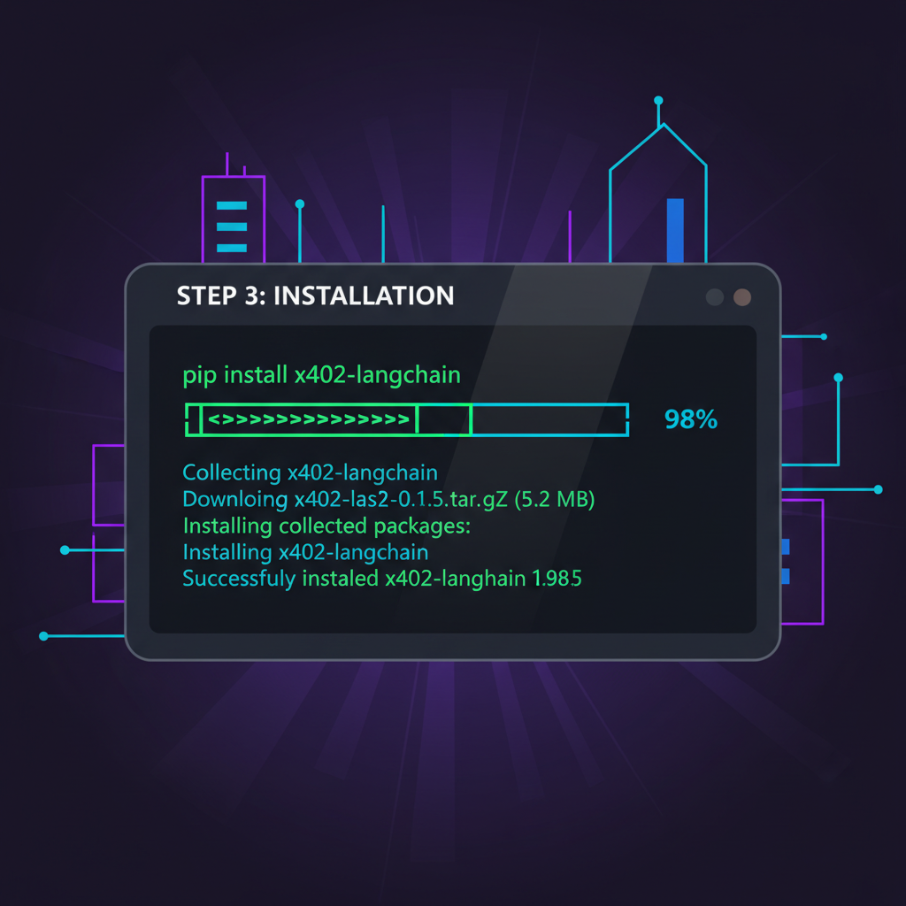 sleek terminal pip installing x402-langchain, neon code glow, cyberpunk tech vibe