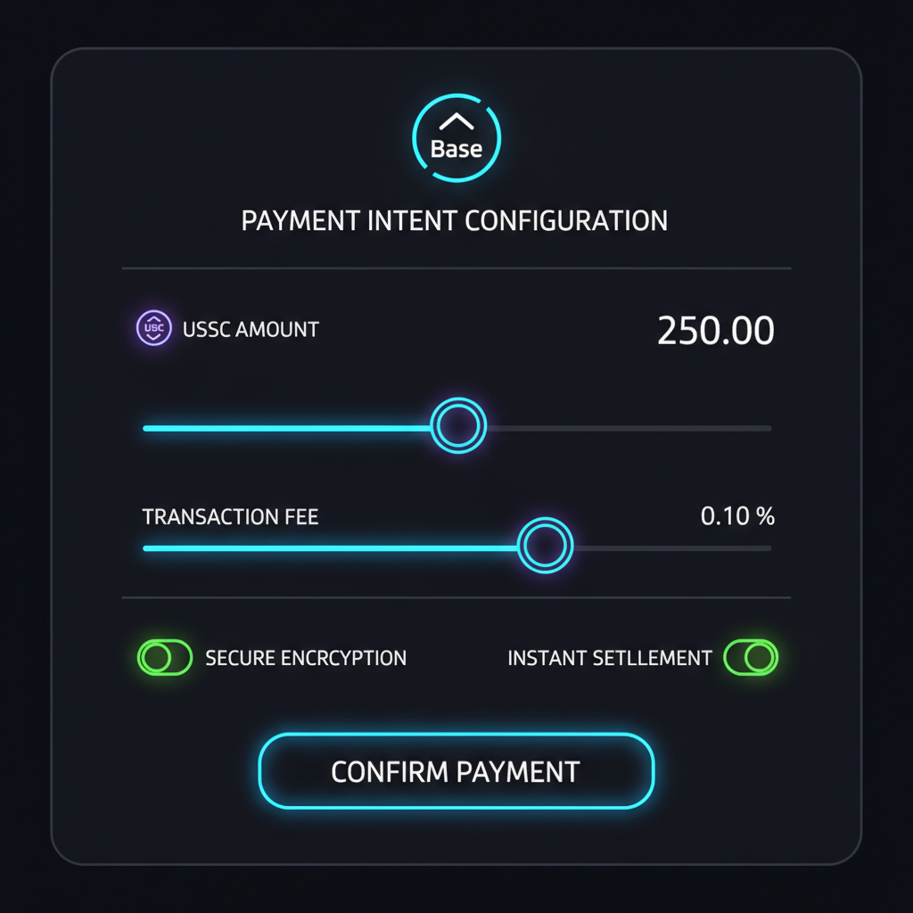 payment intent config panel, USDC sliders Base logo, secure neon interface