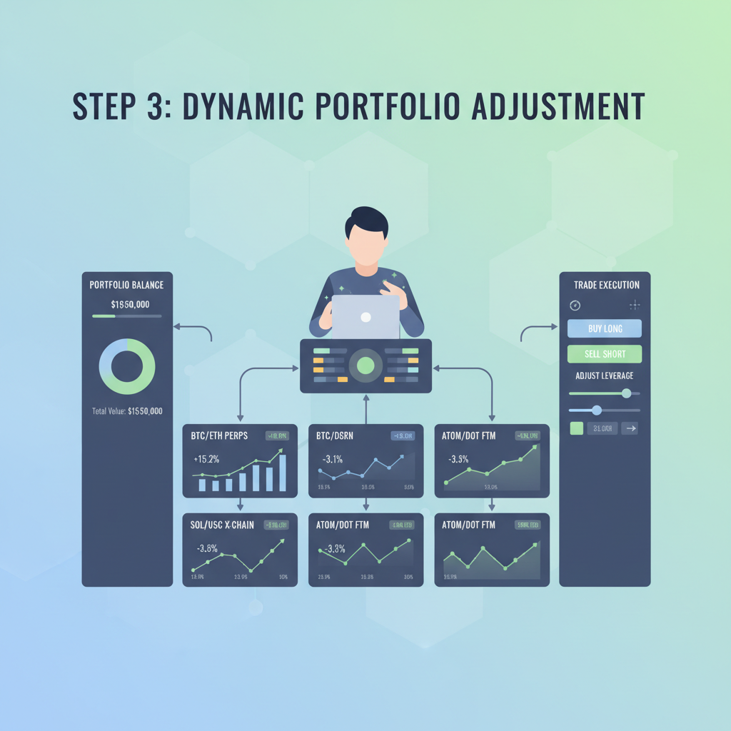 trader dynamically adjusting cross-chain perps portfolio on defi platform, charts updating live, professional interface