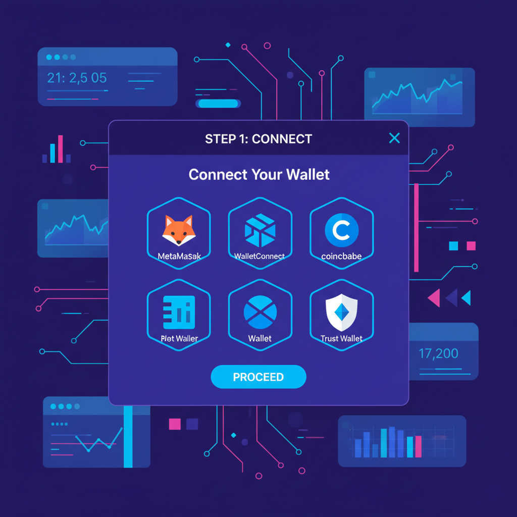 sleek web3 wallet connection interface on defi platform, futuristic dashboard, neon blues and purples, high tech