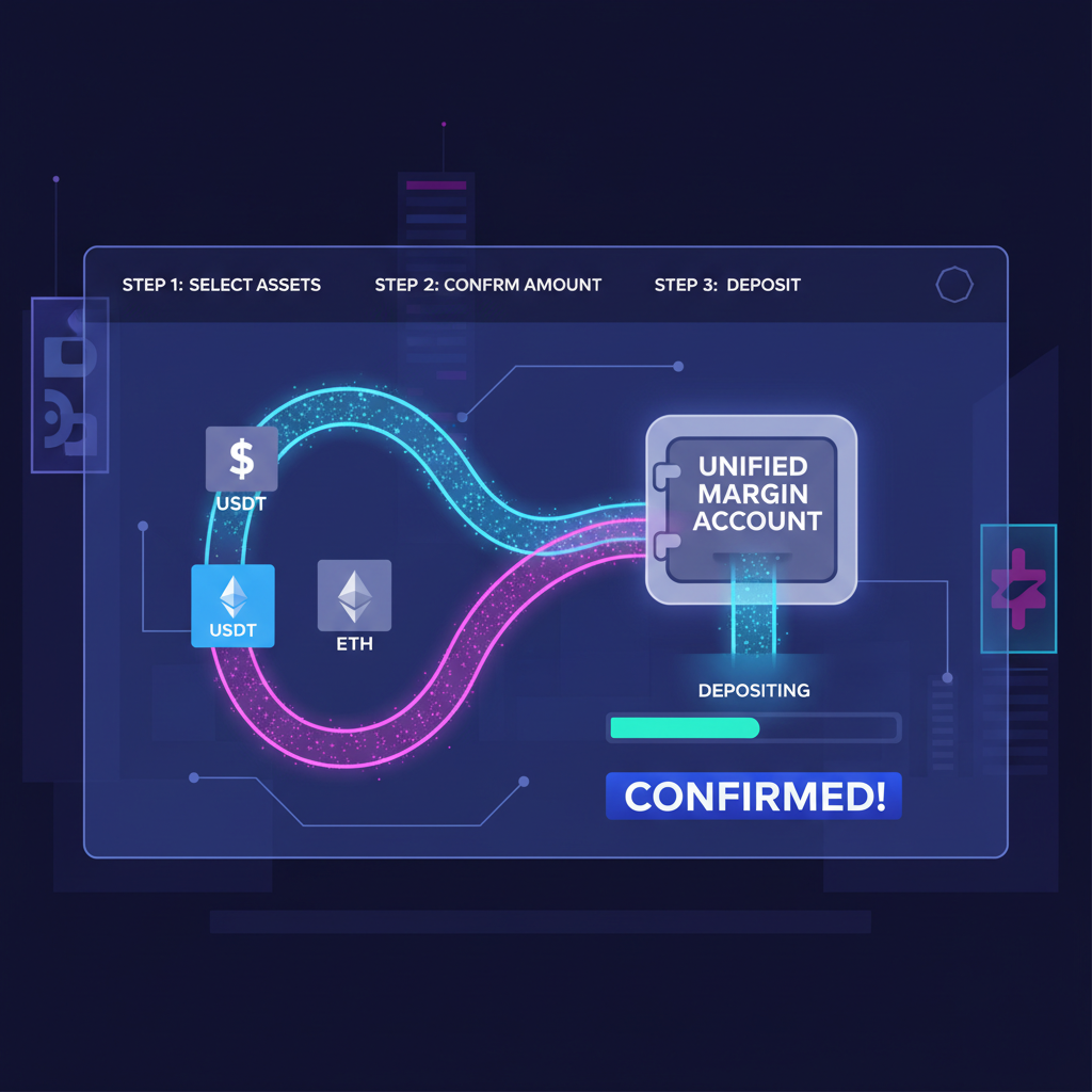 defi dashboard depositing multi-collateral USDT ETH into unified margin account, glowing assets flowing in, cyberpunk style
