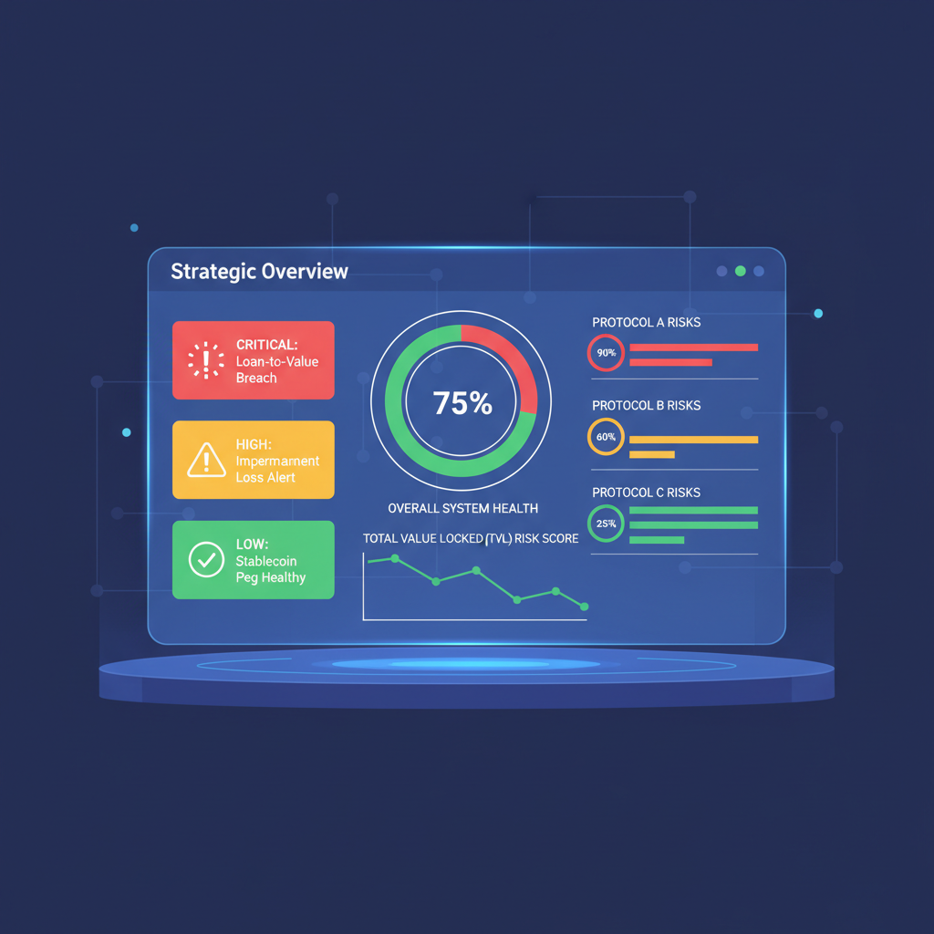 defi risk engine dashboard with alerts and metrics, red yellow green indicators, holographic display, strategic overview