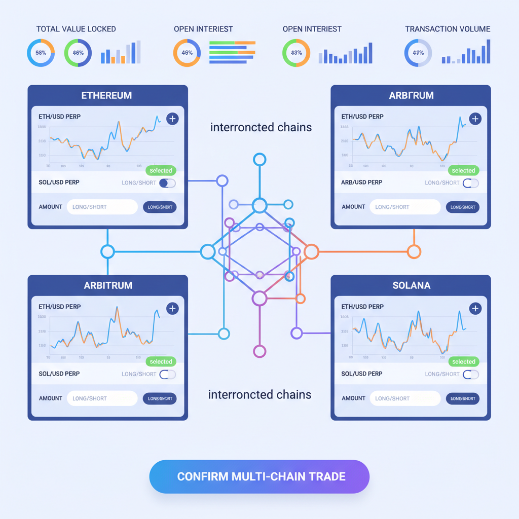 multi-chain perps trading dashboard selecting positions on Ethereum Arbitrum Solana, interconnected chains graph, vibrant data viz