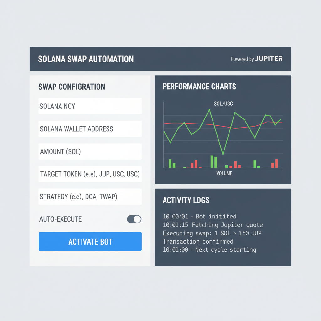 AI dashboard automating Solana swaps via Jupiter, charts and logs