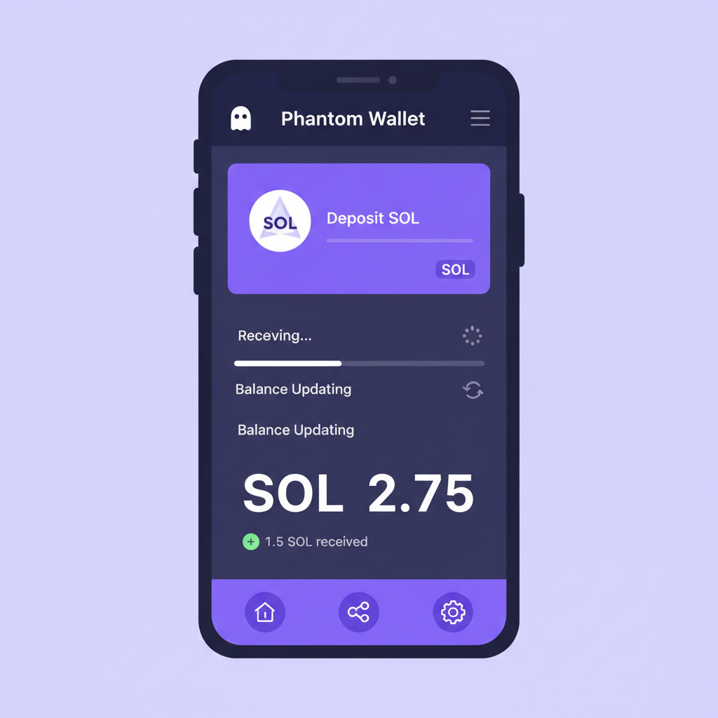 Phantom wallet screen showing SOL deposit, balance updating, clean UI