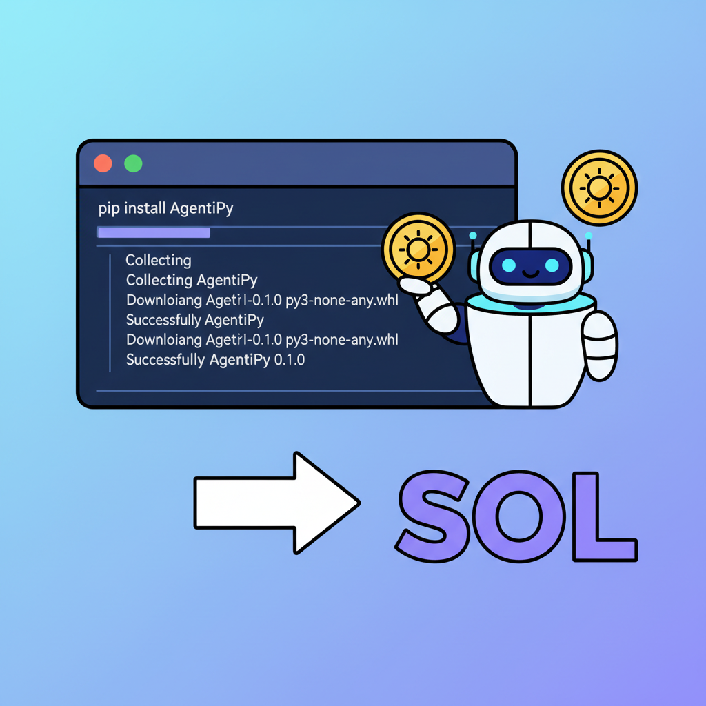 code terminal installing AgentiPy package, AI robot and Solana icons