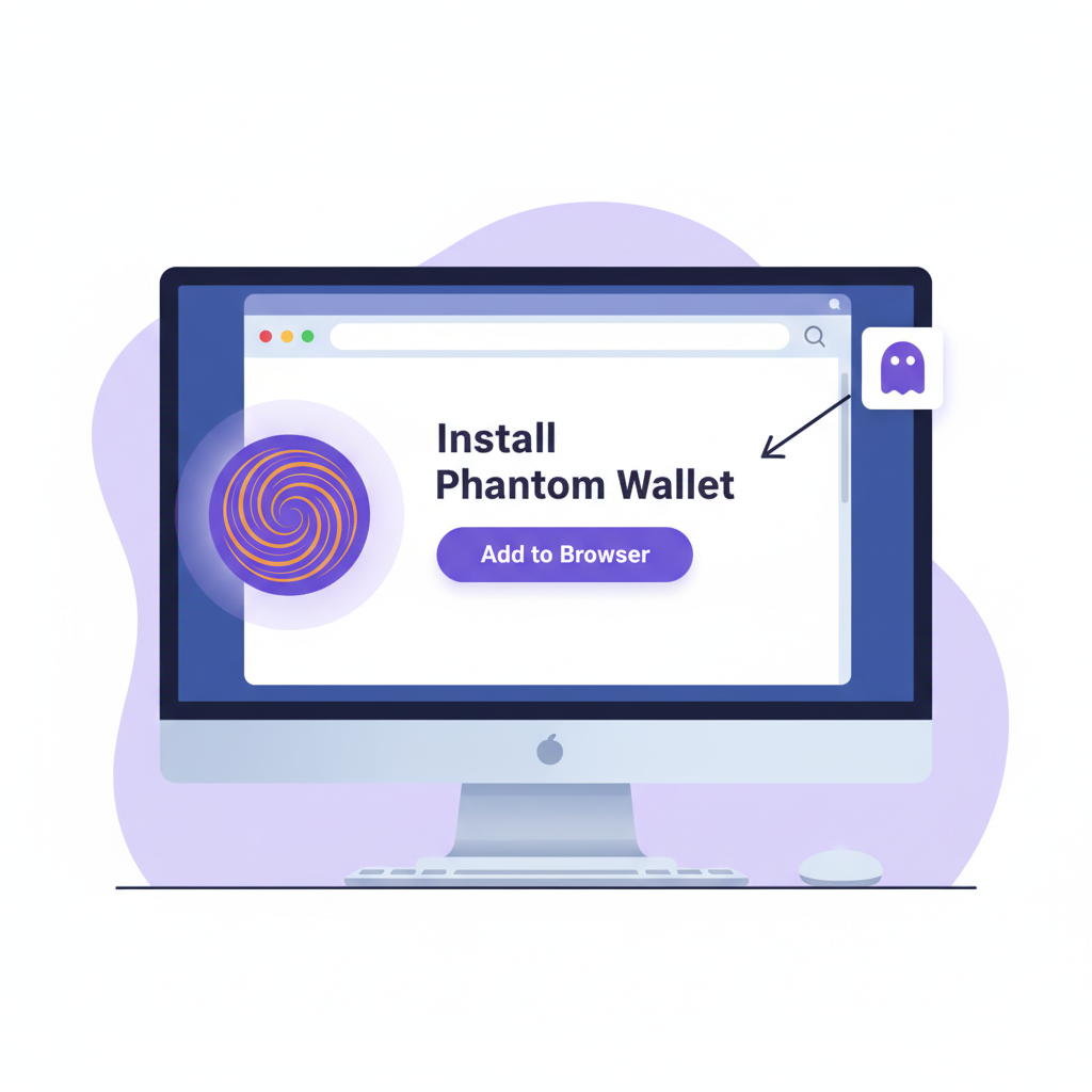 professional illustration of Phantom wallet browser extension install on desktop, Solana logo glowing
