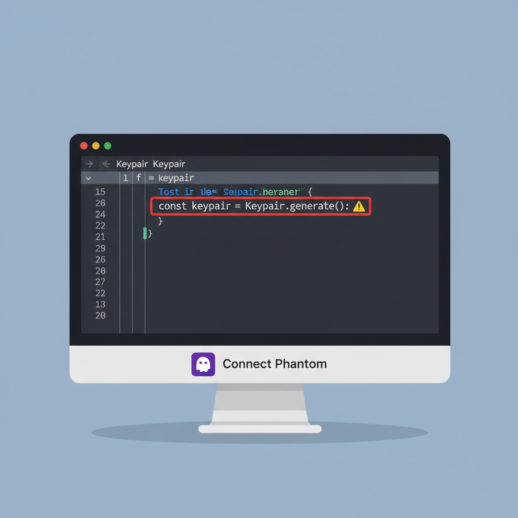 developer IDE with Solana keypair code, warning icon, Phantom logo