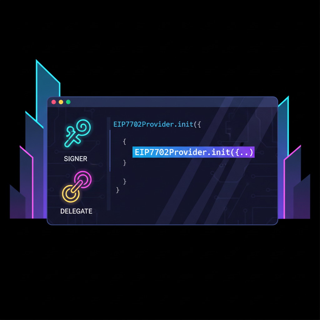 code editor with EIP7702Provider init, glowing signer and delegate icons, neon cyberpunk style