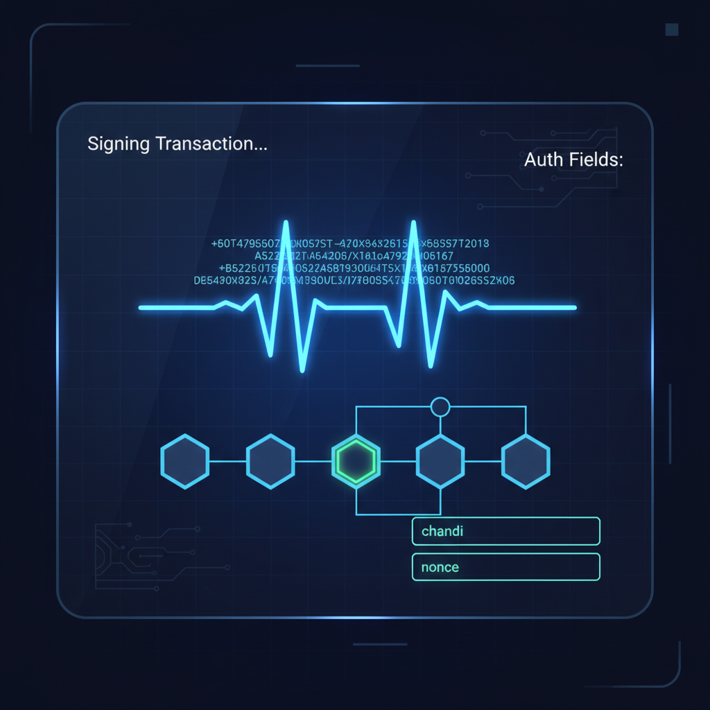 digital signature glowing on Ethereum chain, auth fields chainId nonce highlighted, futuristic HUD